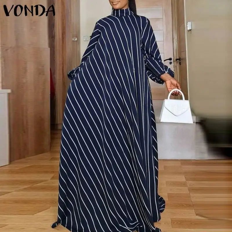 VONDA Fashion Women Striped Maxi Dress 2024 Bohemian High Neck Elegant Long Sundress Autumn Long Puff Sleeve Printed VestidosDark BlueXL