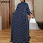 VONDA Fashion Women Striped Maxi Dress 2024 Bohemian High Neck Elegant Long Sundress Autumn Long Puff Sleeve Printed VestidosDark BlueXL