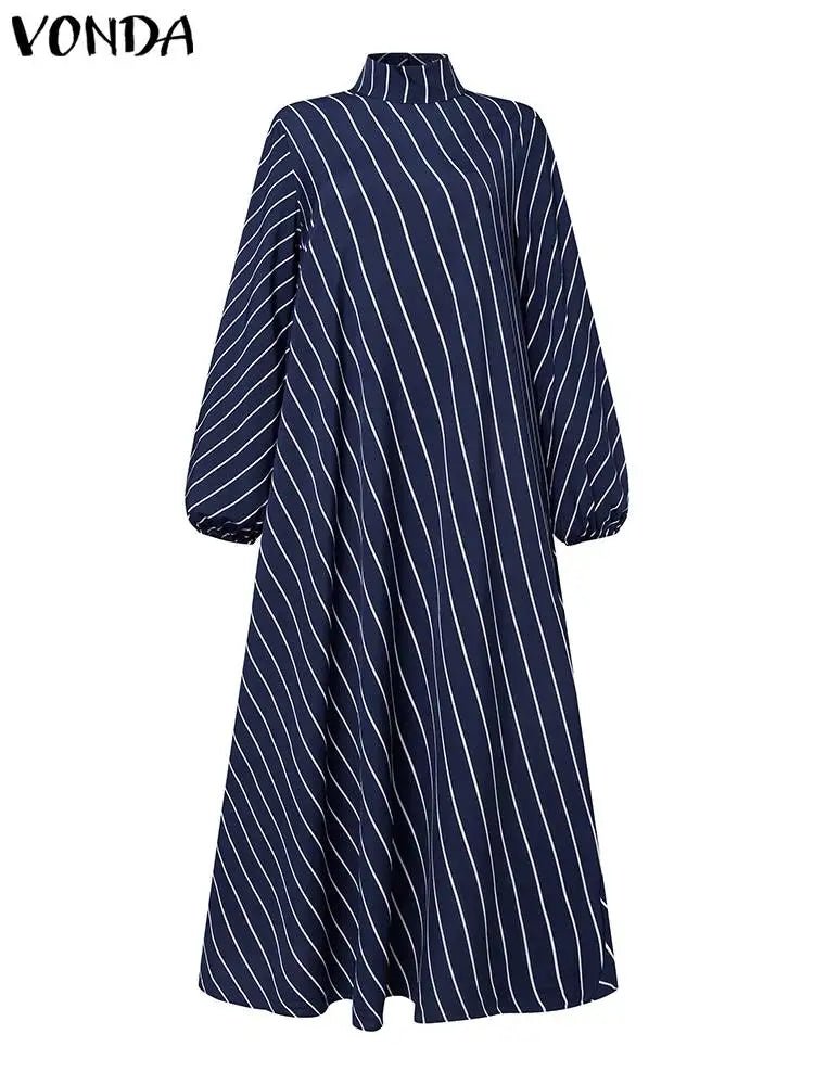 VONDA Fashion Women Striped Maxi Dress 2024 Bohemian High Neck Elegant Long Sundress Autumn Long Puff Sleeve Printed VestidosRedXXL