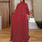 VONDA Fashion Women Striped Maxi Dress 2024 Bohemian High Neck Elegant Long Sundress Autumn Long Puff Sleeve Printed VestidosRedXXL