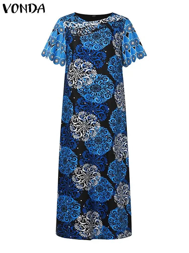 VONDA Summer Printed Maxi Dress Women Bohemian Dresses Short Sleeve Long Sundress 2024 Elegant Casual Loose Beach Vestidos RobeMOrange