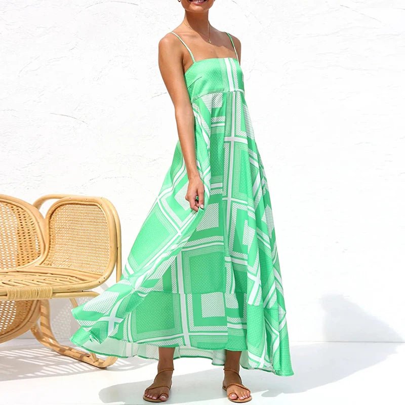 Women Backless High Waist Vacation A - line Dress Summer Sleeveless Pattern Print Long Dress Sexy Slash Neck Spaghetti Strap Dress01 GreenXXL