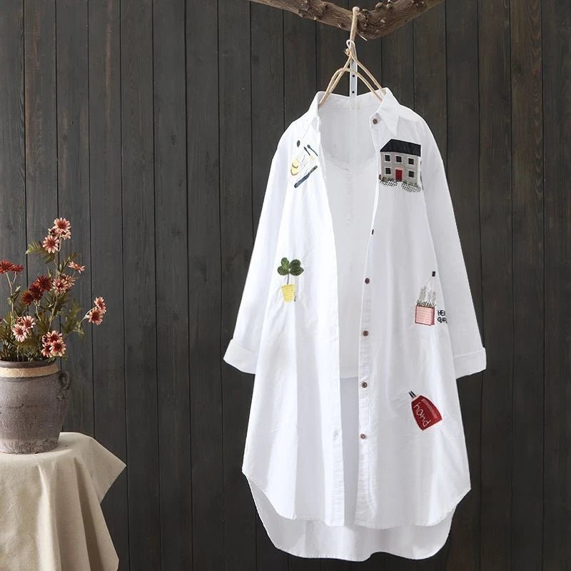 Women Cotton Embroidery Loose Long White Shirts 2023 Spring Autumn New Casual Office Lady Blouse Female Top Loose shirtBlueXL