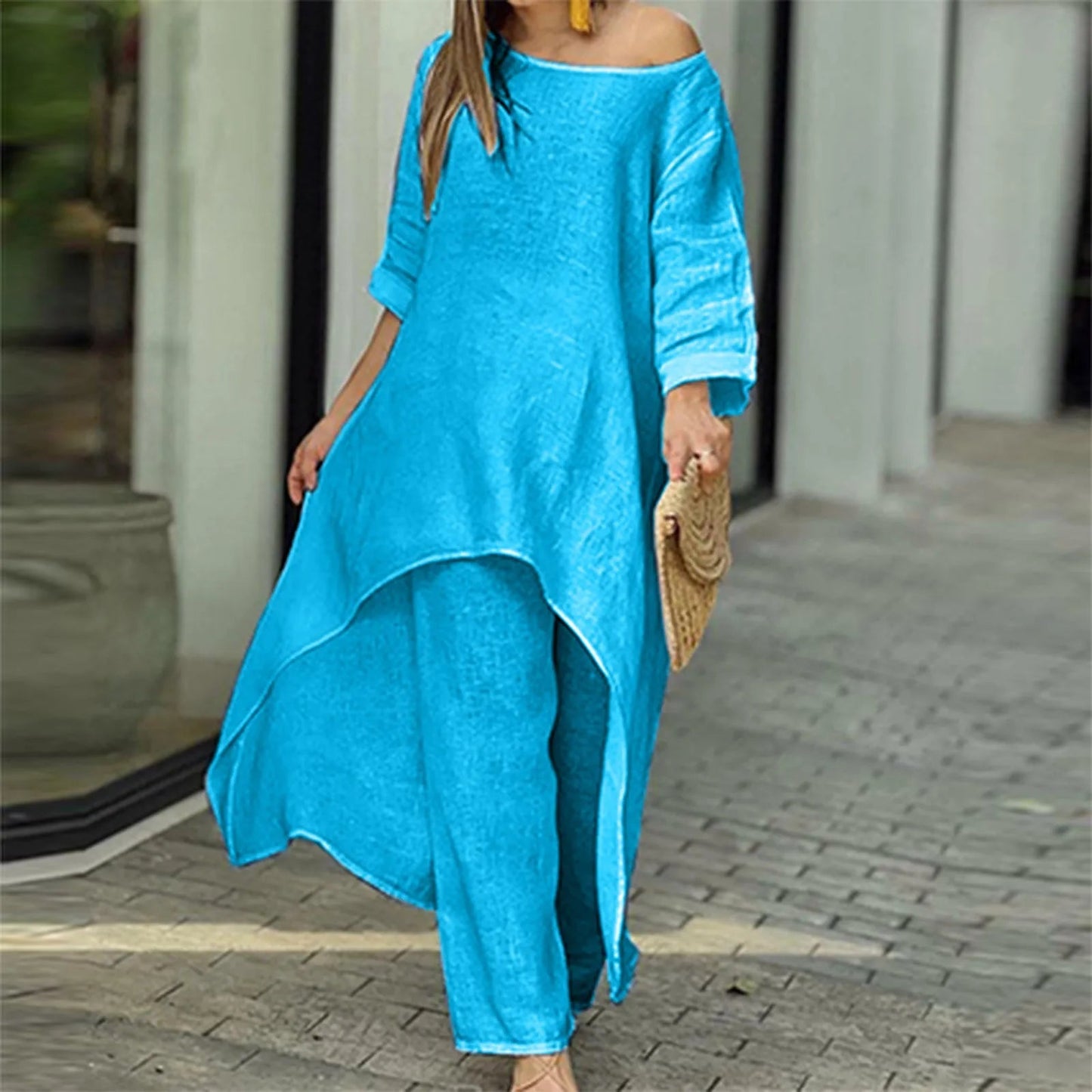 Women Cotton Linen Tracksuit Two Piece Set 2024 Summer Casual Loose Solid Blouse T - shirt Wide Leg Pants Suit Outfits 2 Piece SetBlueXXL