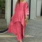 Women Cotton Linen Tracksuit Two Piece Set 2024 Summer Casual Loose Solid Blouse T - shirt Wide Leg Pants Suit Outfits 2 Piece SetHot PinkL