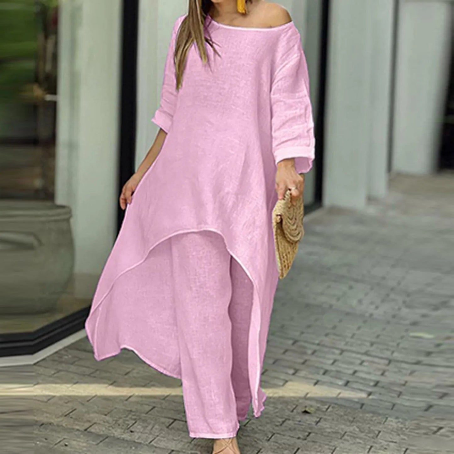 Women Cotton Linen Tracksuit Two Piece Set 2024 Summer Casual Loose Solid Blouse T - shirt Wide Leg Pants Suit Outfits 2 Piece SetPurpleM