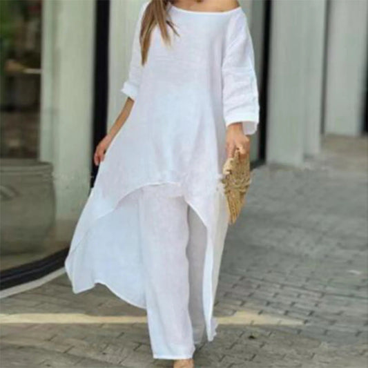 Women Cotton Linen Tracksuit Two Piece Set 2024 Summer Casual Loose Solid Blouse T - shirt Wide Leg Pants Suit Outfits 2 Piece SetWhiteXXL