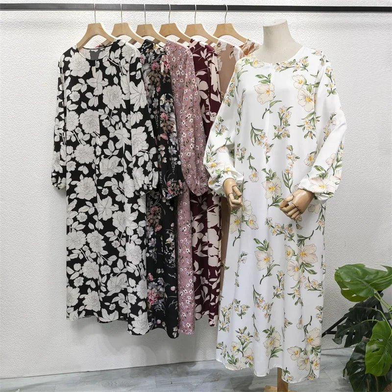 Women Eid Muslim Dresses Ramadan Puff Sleeve Flowers Casual Dress Morocco Vestidos O Neck Arab Long Robe Dubai Kaftan Abayas12One Size