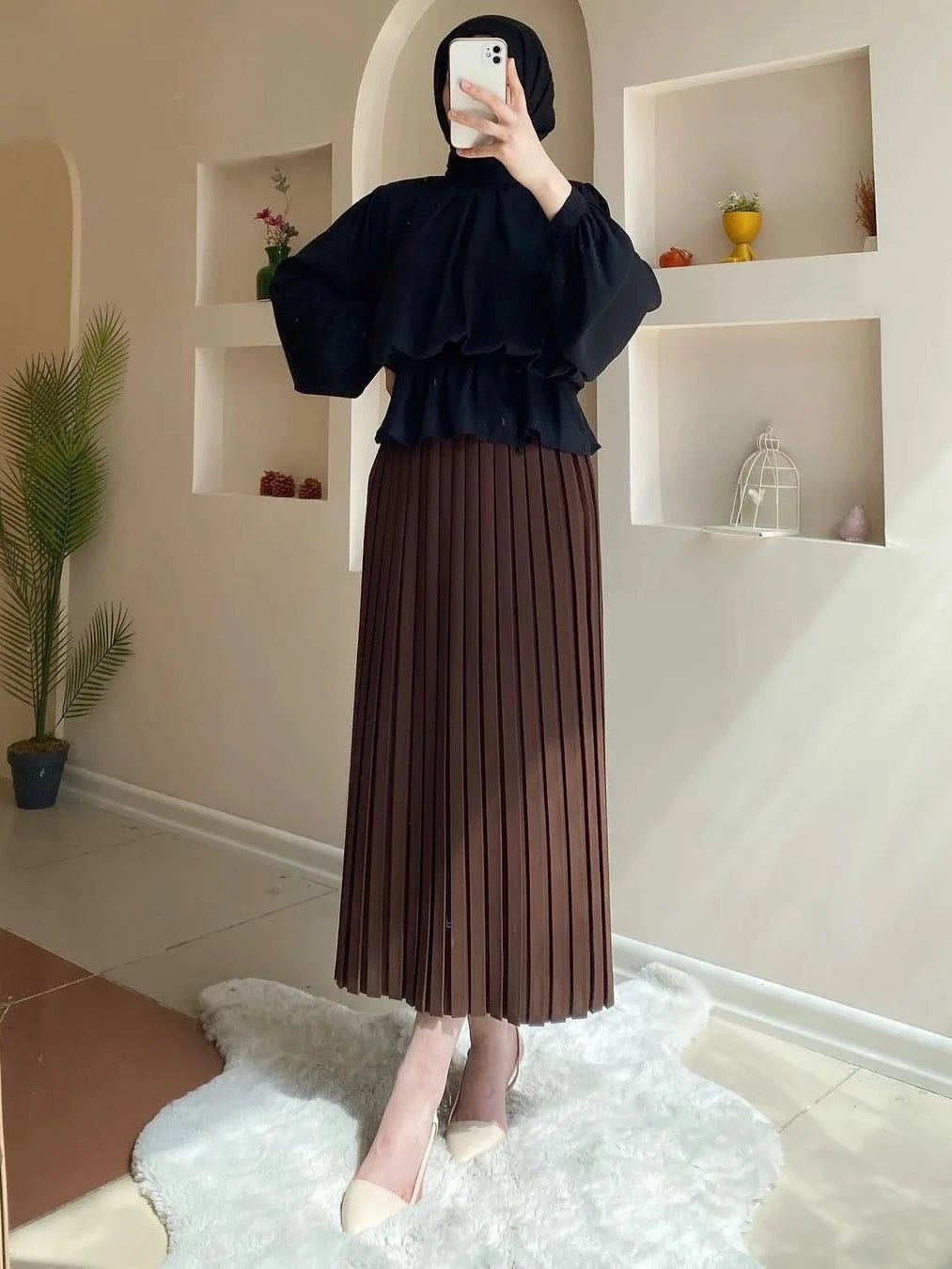 Women Eid Muslim Sets Blouse & Pleated Skirts Arab Two Pieces Dubai Musulman Ensemble Pleated Blouses Skirts Vestidos Islam 2024IQ216brownXXL