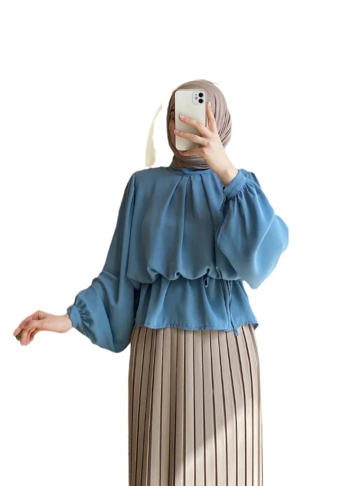 Women Eid Muslim Sets Blouse & Pleated Skirts Arab Two Pieces Dubai Musulman Ensemble Pleated Blouses Skirts Vestidos Islam 2024IQ216brownXXL