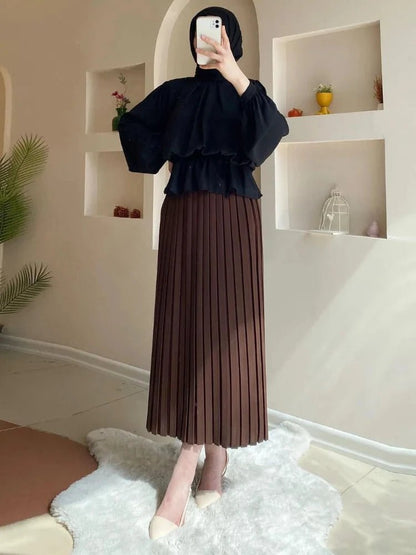 Women Eid Muslim Sets Blouse & Pleated Skirts Arab Two Pieces Dubai Musulman Ensemble Pleated Blouses Skirts Vestidos Islam 2024IQ216brownXXL