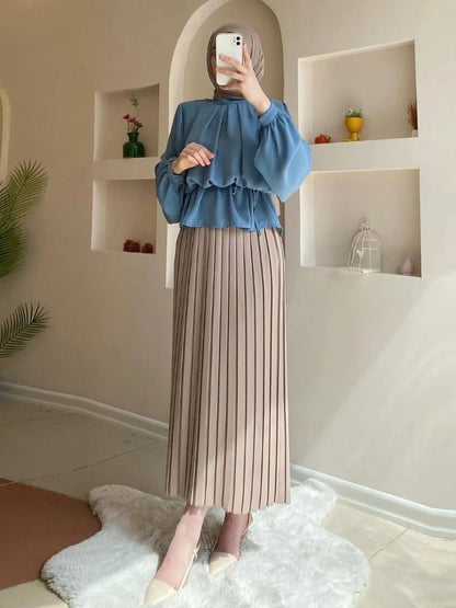 Women Eid Muslim Sets Blouse & Pleated Skirts Arab Two Pieces Dubai Musulman Ensemble Pleated Blouses Skirts Vestidos Islam 2024IQ216khakiXXL