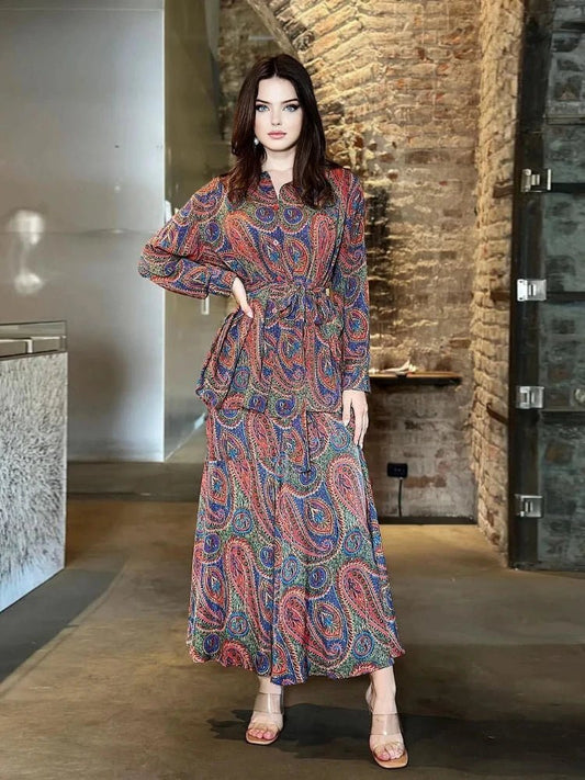 Women Eid Muslim Sets Musulman Ensemble Dubai Arab Kaftan Single Breasted Skirts Two Pieces Casual Loose Islam Flowers BeltIQ345XL