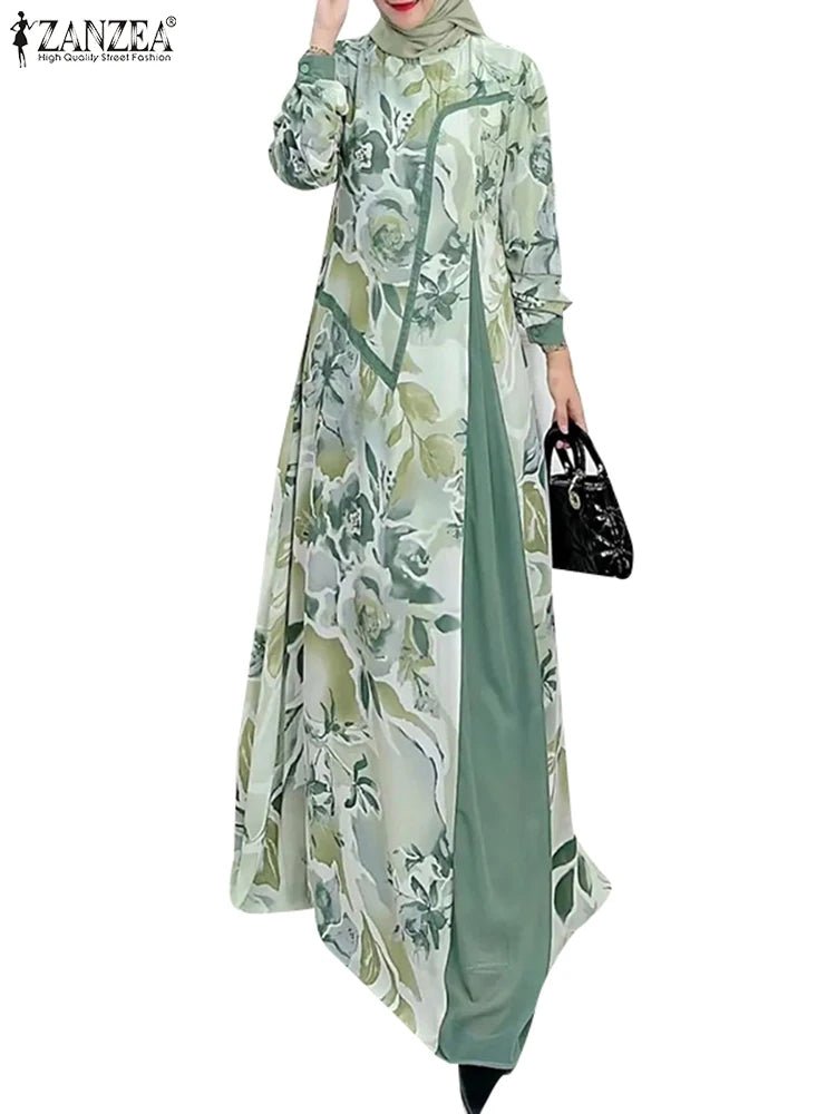 Women Patchowork Muslim Dress ZANZEA Fashion Long Sleeve Floral Printed Robe Elegant Casual Loose Abaya Ramadan Vestidos 2024MBrown