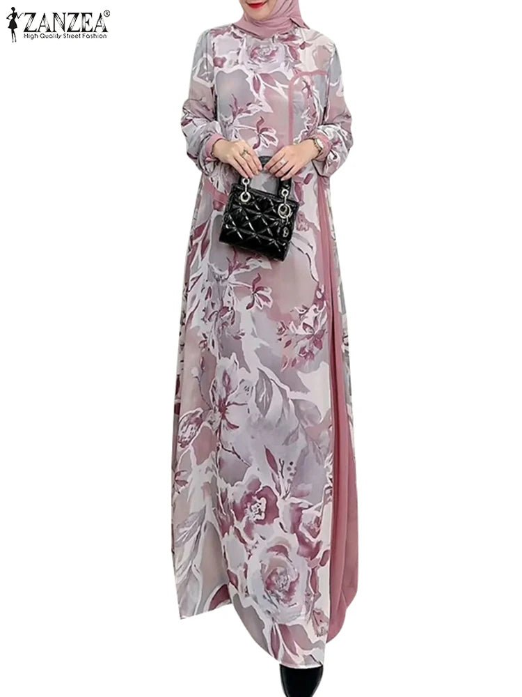 Women Patchowork Muslim Dress ZANZEA Fashion Long Sleeve Floral Printed Robe Elegant Casual Loose Abaya Ramadan Vestidos 2024MBrown