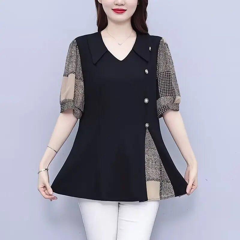 Women Summer Simplicity Loose Large Size Patchwork Chiffon V - neck Short Sleeve Shirts Women Clothes All - match Appear Thin TopsblackL