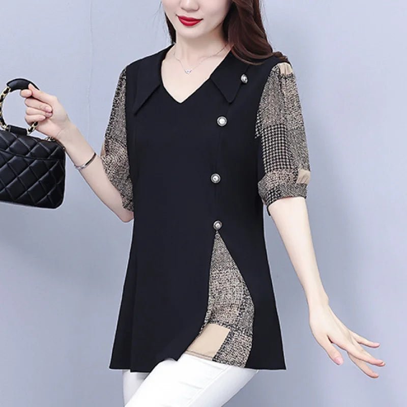 Women Summer Simplicity Loose Large Size Patchwork Chiffon V - neck Short Sleeve Shirts Women Clothes All - match Appear Thin TopsblackL