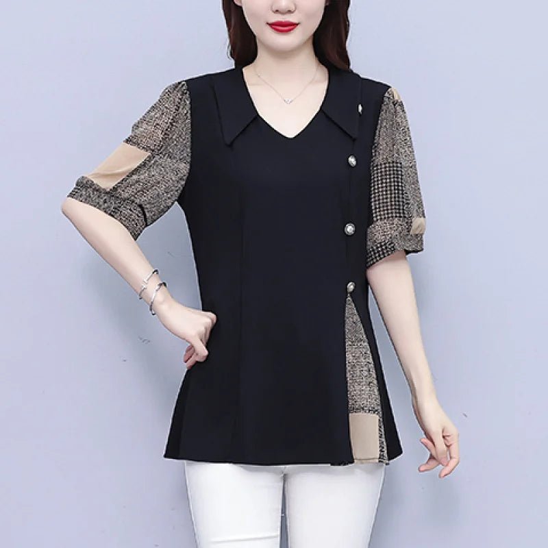 Women Summer Simplicity Loose Large Size Patchwork Chiffon V - neck Short Sleeve Shirts Women Clothes All - match Appear Thin TopsblackL