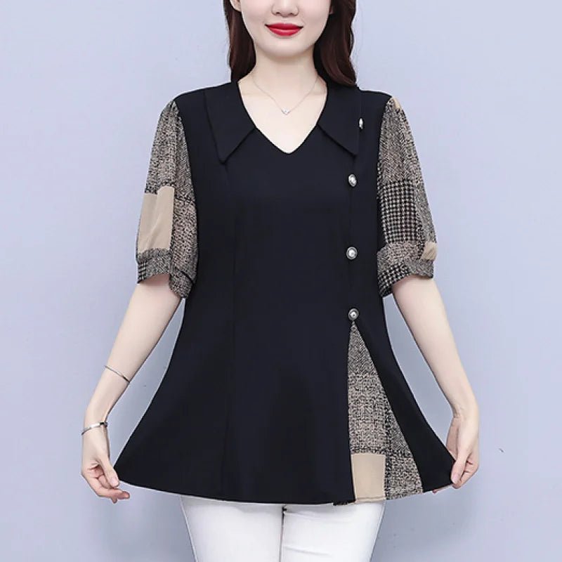 Women Summer Simplicity Loose Large Size Patchwork Chiffon V - neck Short Sleeve Shirts Women Clothes All - match Appear Thin TopsblackL