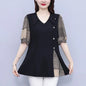 Women Summer Simplicity Loose Large Size Patchwork Chiffon V - neck Short Sleeve Shirts Women Clothes All - match Appear Thin TopsblackL