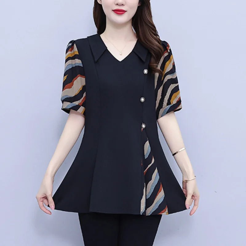 Women Summer Simplicity Loose Large Size Patchwork Chiffon V - neck Short Sleeve Shirts Women Clothes All - match Appear Thin TopsMULTIL