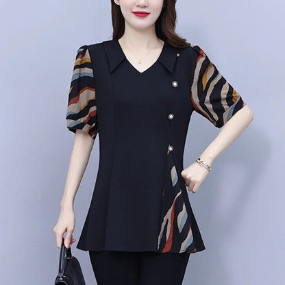 Women Summer Simplicity Loose Large Size Patchwork Chiffon V - neck Short Sleeve Shirts Women Clothes All - match Appear Thin TopsMULTIL