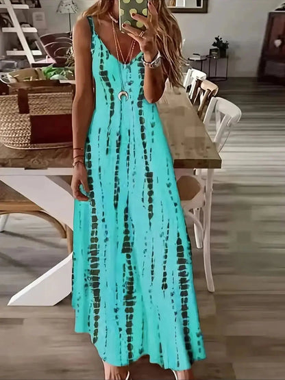 Women's Casual Loose V - neck Tie Dye Printed Spaghetti Maxi Dress Summer Beach Vacation Long DressCYANXXL