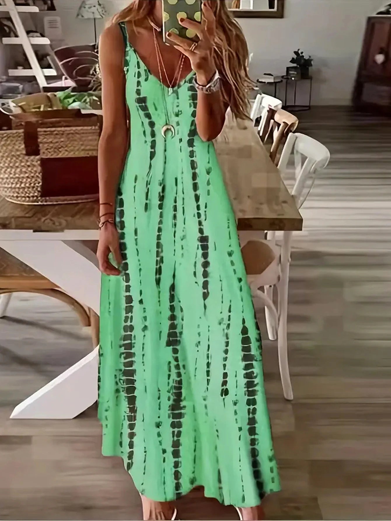 Women's Casual Loose V - neck Tie Dye Printed Spaghetti Maxi Dress Summer Beach Vacation Long DressgreenXXL