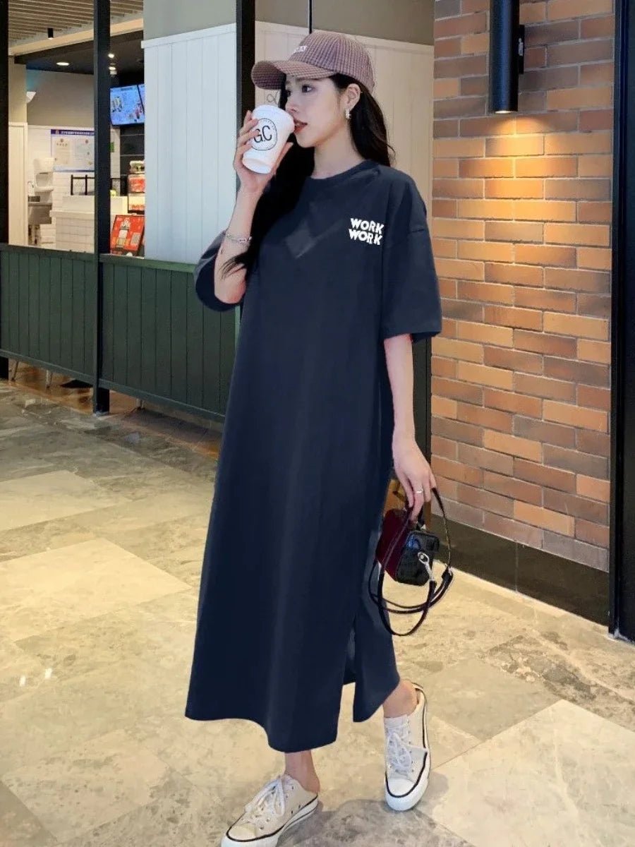 Women's Dress O - neck Loose Frock Graphic Long T - Shirts Casual Streetwear Letter Printing Maxi Blouse Skirt Summer Female ClothesBlackXXL