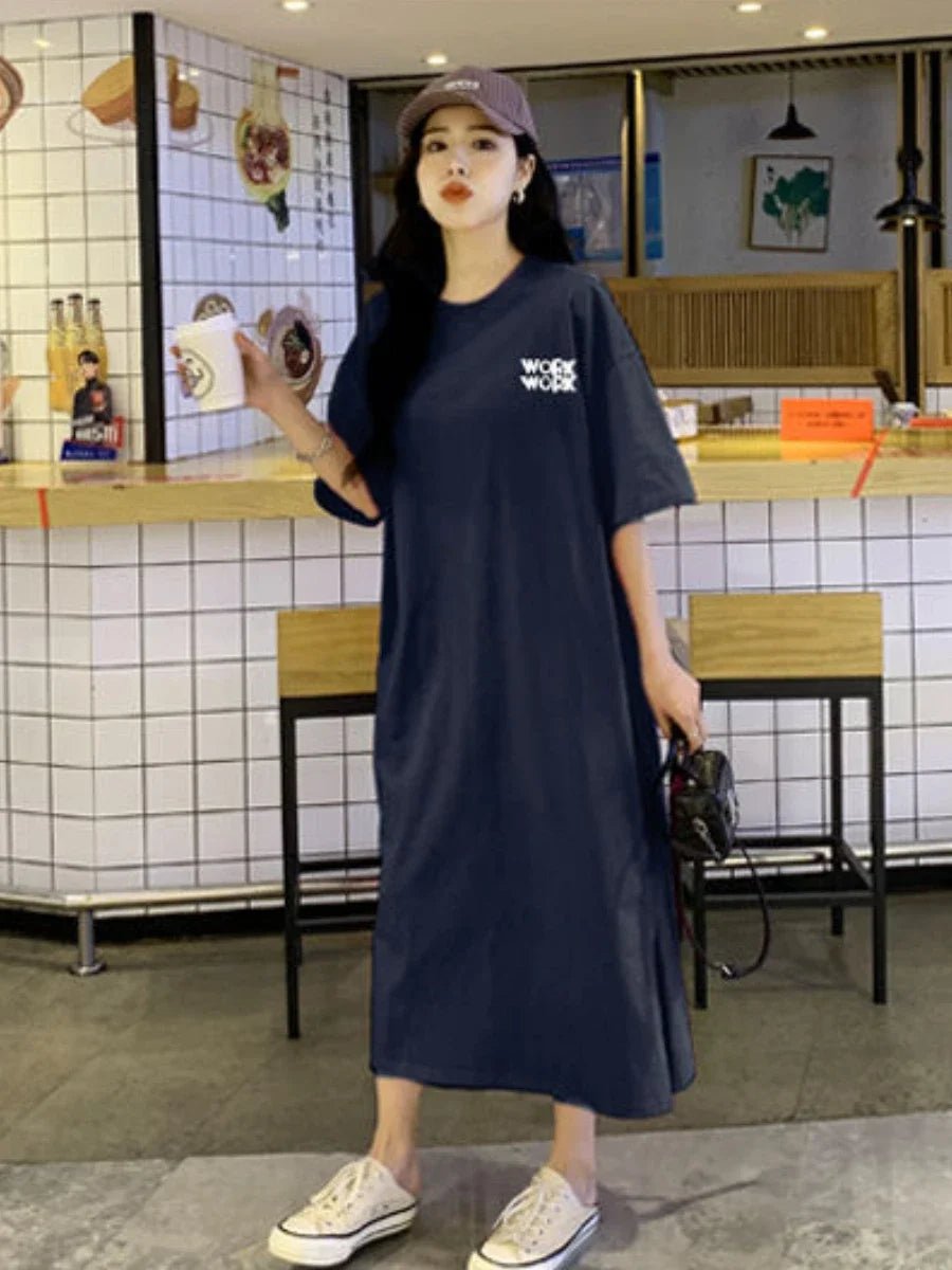 Women's Dress O - neck Loose Frock Graphic Long T - Shirts Casual Streetwear Letter Printing Maxi Blouse Skirt Summer Female ClothesBlackXXL