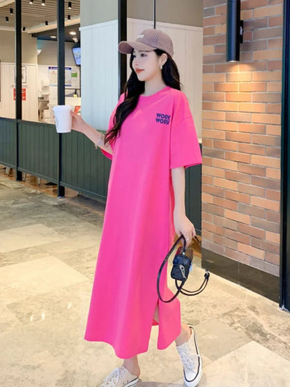 Women's Dress O - neck Loose Frock Graphic Long T - Shirts Casual Streetwear Letter Printing Maxi Blouse Skirt Summer Female ClothesBlackXXL