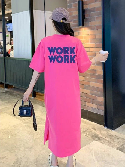 Women's Dress O - neck Loose Frock Graphic Long T - Shirts Casual Streetwear Letter Printing Maxi Blouse Skirt Summer Female ClothesBlackXXL