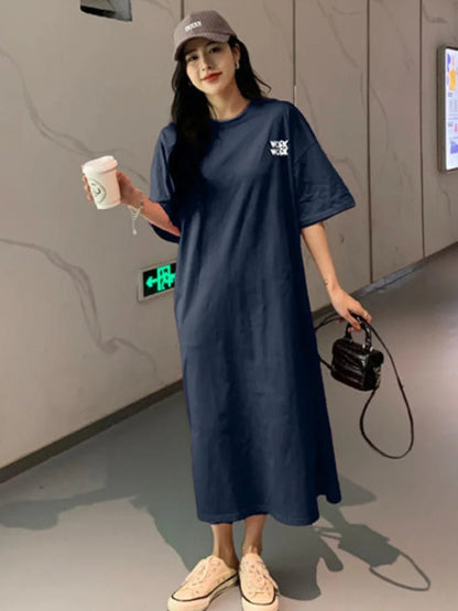 Women's Dress O - neck Loose Frock Graphic Long T - Shirts Casual Streetwear Letter Printing Maxi Blouse Skirt Summer Female ClothesBlackXXL