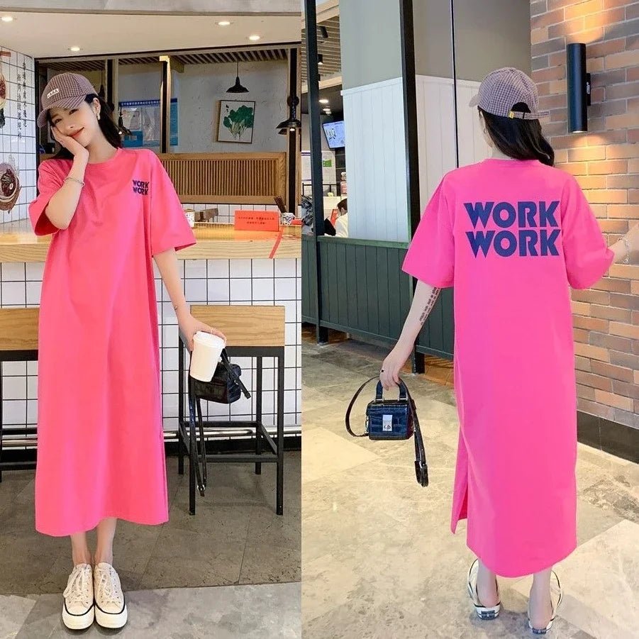 Women's Dress O - neck Loose Frock Graphic Long T - Shirts Casual Streetwear Letter Printing Maxi Blouse Skirt Summer Female ClothesRoseRedXXXL