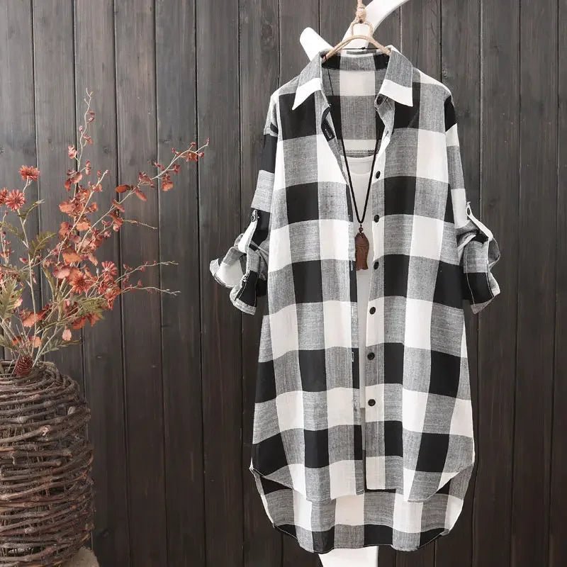 Women's Plaid Cotton Shirt Chic Women Blouse Elegant and Youth Women's Blouses New In External Clothes Korean Styleblack and whiteS