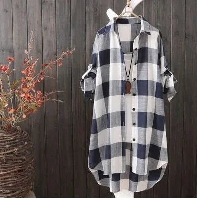 Women's Plaid Cotton Shirt Chic Women Blouse Elegant and Youth Women's Blouses New In External Clothes Korean Styleblue and whiteL