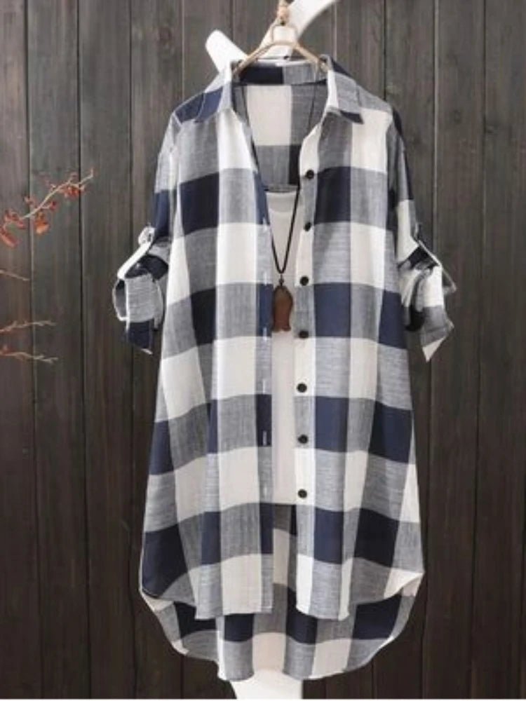 Women's Plaid Cotton Shirt Chic Women Blouse Elegant and Youth Women's Blouses New In External Clothes Korean Styleblue and whiteL