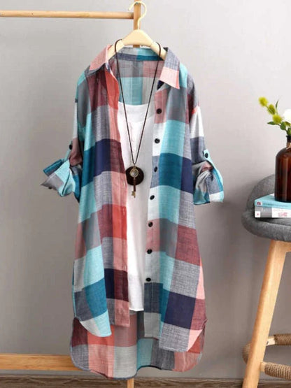 Women's Plaid Cotton Shirt Chic Women Blouse Elegant and Youth Women's Blouses New In External Clothes Korean Styleblue and whiteL