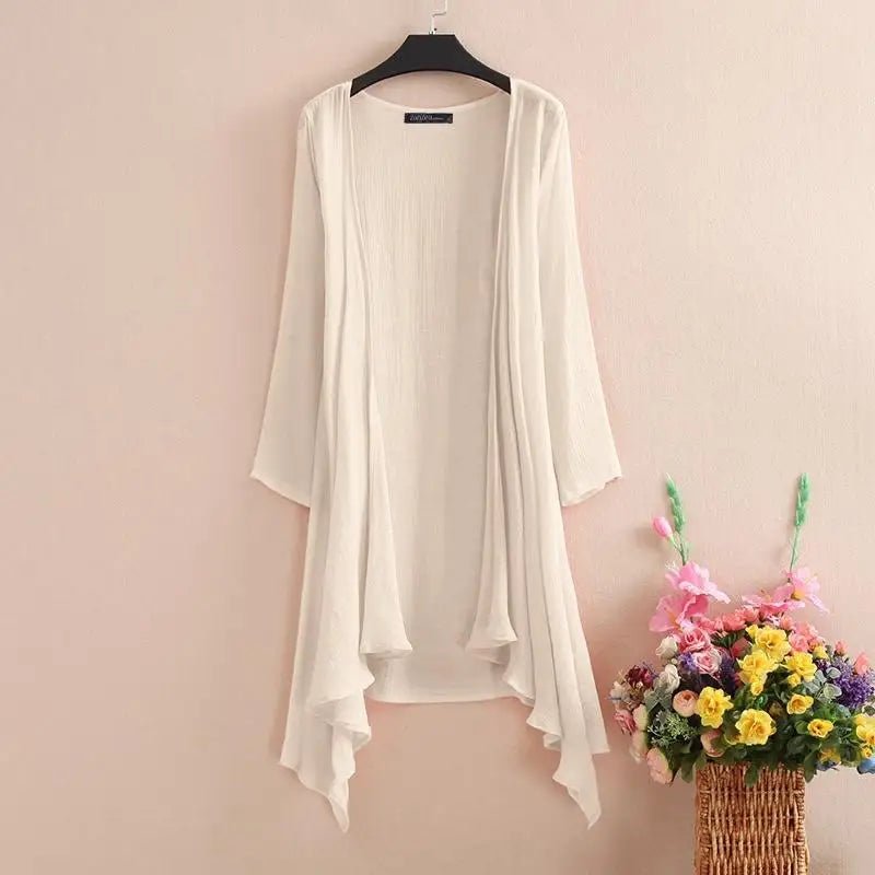 Women's Summer Blouse Cover Up ZANZEA Elegant Solid Cardigans Casual Long Sleeve Irregular Tops Beach KimonoBeige4XL