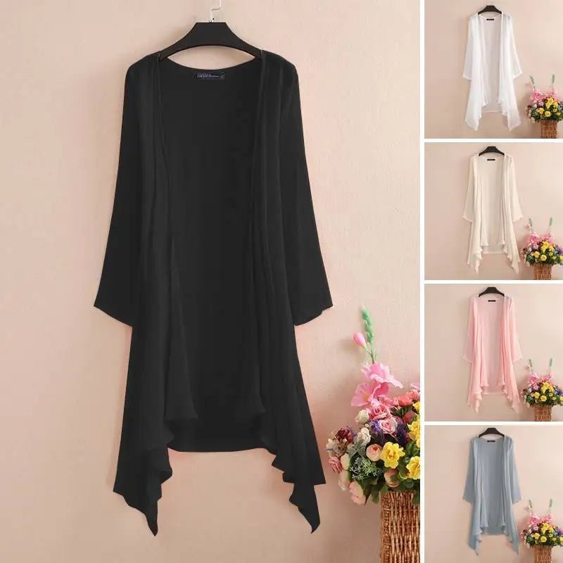 Women's Summer Blouse Cover Up ZANZEA Elegant Solid Cardigans Casual Long Sleeve Irregular Tops Beach KimonoblackL