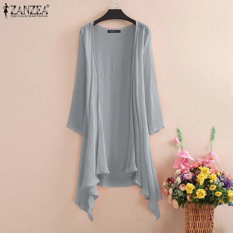 Women's Summer Blouse Cover Up ZANZEA Elegant Solid Cardigans Casual Long Sleeve Irregular Tops Beach KimonoblackL