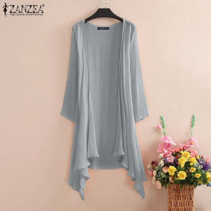 Women's Summer Blouse Cover Up ZANZEA Elegant Solid Cardigans Casual Long Sleeve Irregular Tops Beach KimonoblackL