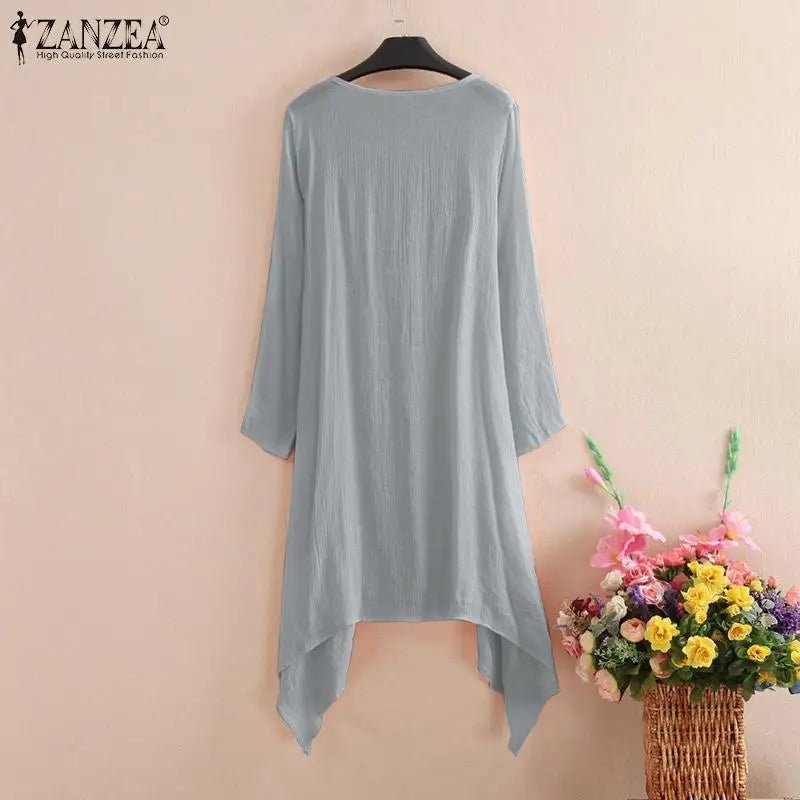 Women's Summer Blouse Cover Up ZANZEA Elegant Solid Cardigans Casual Long Sleeve Irregular Tops Beach KimonoblackL