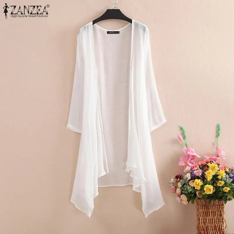 Women's Summer Blouse Cover Up ZANZEA Elegant Solid Cardigans Casual Long Sleeve Irregular Tops Beach KimonoblackL