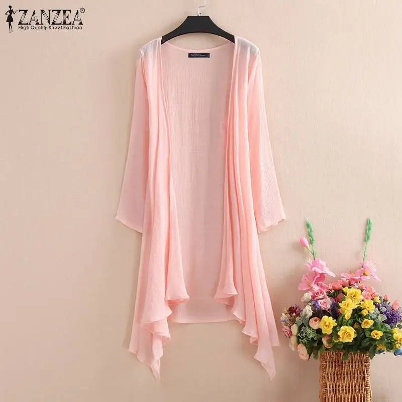 Women's Summer Blouse Cover Up ZANZEA Elegant Solid Cardigans Casual Long Sleeve Irregular Tops Beach KimonoblackL