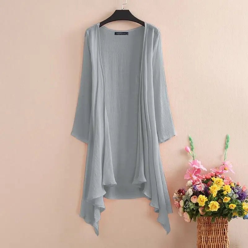 Women's Summer Blouse Cover Up ZANZEA Elegant Solid Cardigans Casual Long Sleeve Irregular Tops Beach KimonoGRAY4XL