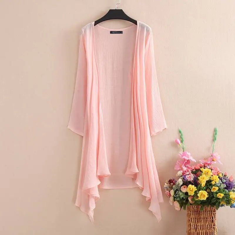 Women's Summer Blouse Cover Up ZANZEA Elegant Solid Cardigans Casual Long Sleeve Irregular Tops Beach KimonoPinkL