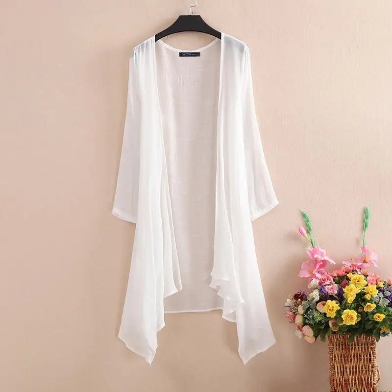 Women's Summer Blouse Cover Up ZANZEA Elegant Solid Cardigans Casual Long Sleeve Irregular Tops Beach KimonoWHITE4XL