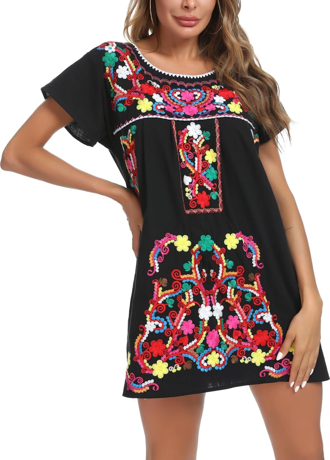 YZXDORWJ Women Mexican Embroidered Dress Short Sleeve225BkSmallCasualClothingDresses