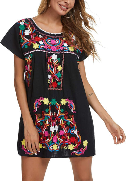 YZXDORWJ Women Mexican Embroidered Dress Short Sleeve225BkSmallCasualClothingDresses